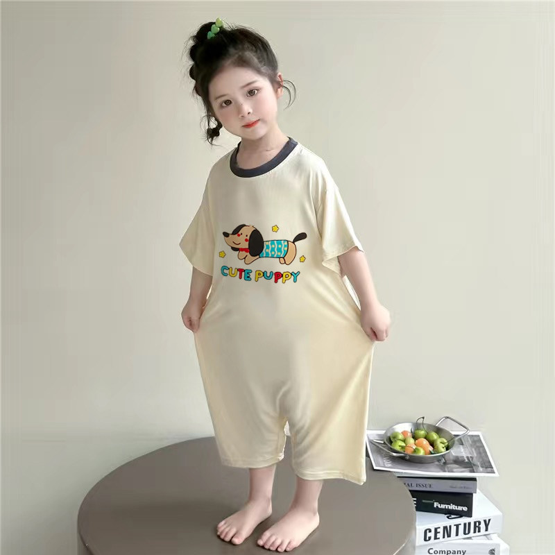 夏季儿童连体睡衣莫代尔短袖薄款防着凉睡袋卡通女童空调家居服