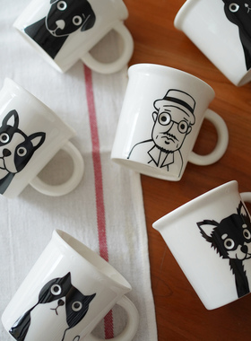 然而家 日单插画风猫咪小狗陶瓷杯马克杯可爱日式水杯挂耳咖啡杯
