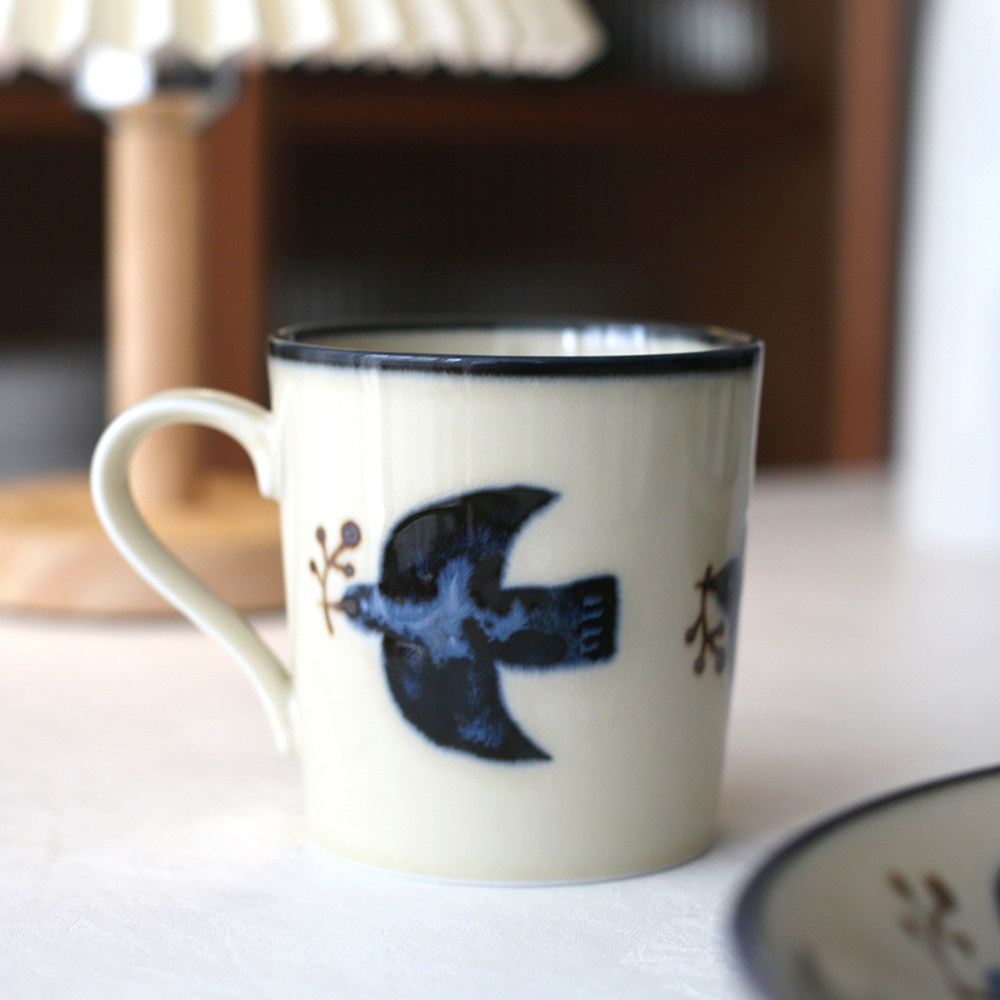 日本进口bisque花朵与海鸥复古马克杯挂耳咖啡杯美浓烧陶瓷水杯