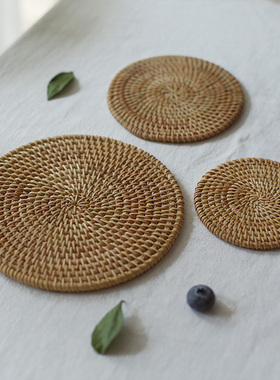 然而家居 环保杯垫茶道配件茶具餐垫手工编织藤编圆形垫子隔热垫