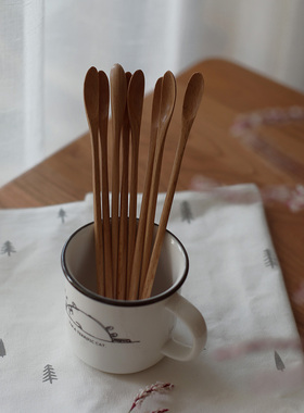 然而家居 日式原木细嘴木勺蜂蜜奶茶搅拌棒杯勺长柄咖啡搅拌勺