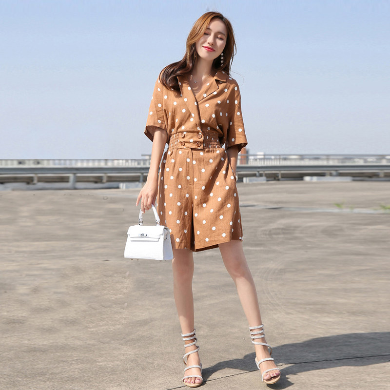 2020夏季新款韩版波点棉麻短袖休闲连体裤短裤女
