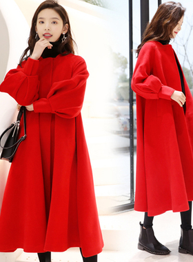 反季章若楠24冬新款韩版宽松红色呢大衣中长款斗篷呢子毛呢外套女