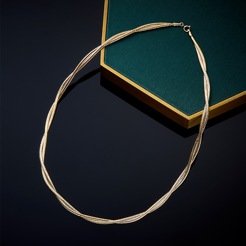 双层编织网项圈叠戴黄18K金项链