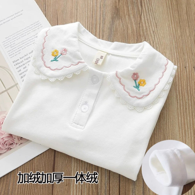 女童娃娃领加绒儿童纯棉白色打底衫女孩甜美上衣2025冬款打底衫
