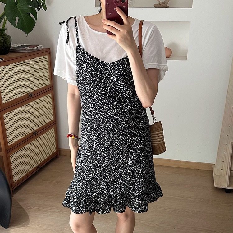 夏日新款碎花吊带裙 薄款T恤两件套女叠穿短款连衣裙短袖上衣