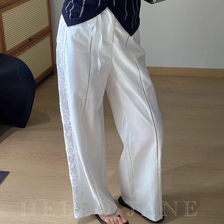 蕾丝拼接镂空棉麻直筒九分裤女休闲百搭抽绳裤子夏季新款