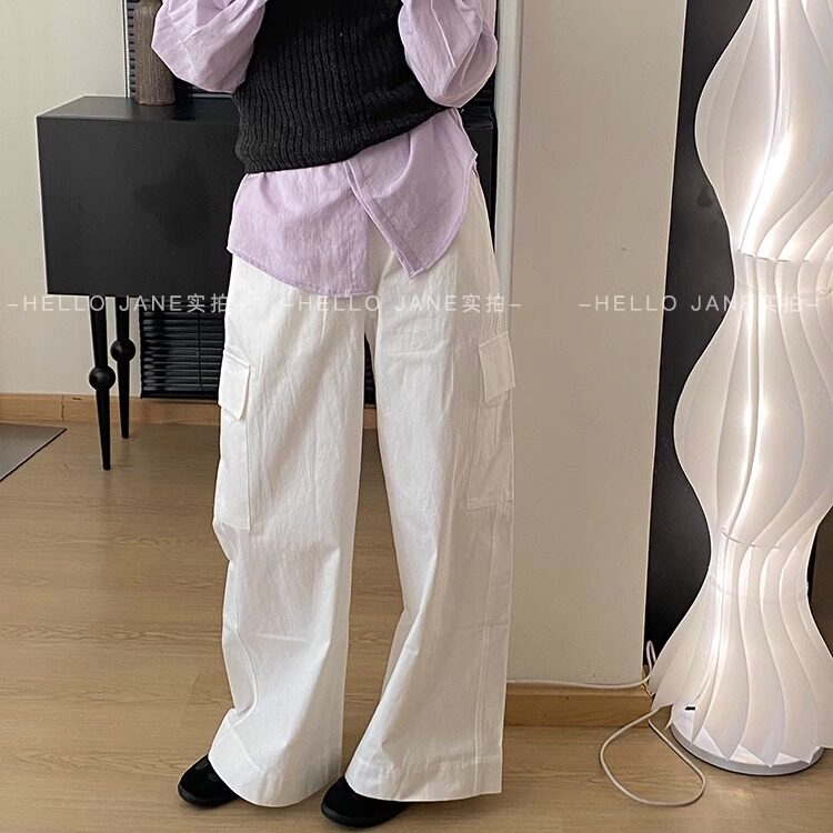 Hello Jane韩版高腰卡其色宽松显瘦口袋休闲工装裤女2025春季长裤