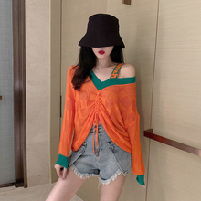 性感露肩防晒上衣撞色长袖 T恤 薄款 女夏季 港味抽绳针织衫 2019新款