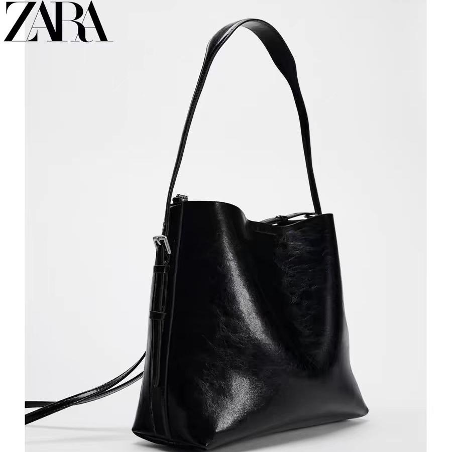 Zarahome女包新款單肩斜跨手提包漆皮水桶包簡約油蠟皮歐美包包