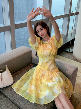 【3折】DL 小众设计修身法式印花茶歇圆领收腰设计感连衣