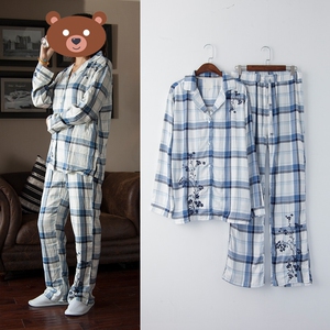 胖子也爱漂亮100%人棉春秋长袖长裤翻领女格子超垂家居服睡衣套装