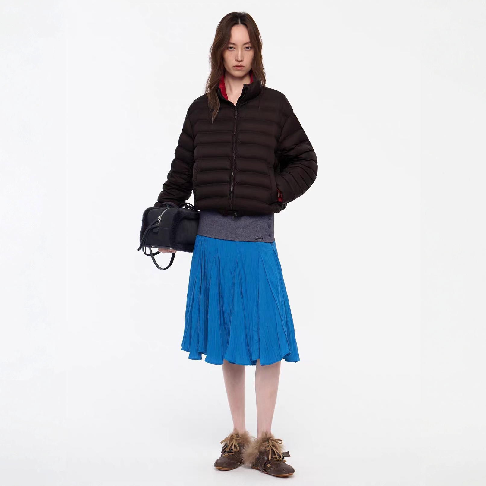 AVVENN 深棕撞色内村横条短款鹅绒羽绒服1555图片