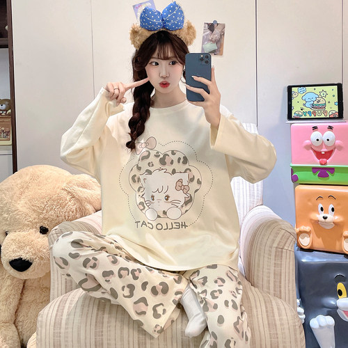 睡衣女纯棉长袖长裤春秋季可爱少女胖MM大码200斤家居服学生套装