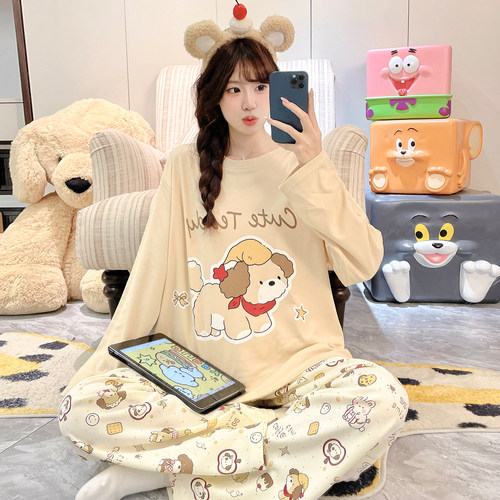 纯棉睡衣女款春秋季长袖卡通可爱卡通学生加大码可外穿家居服套装
