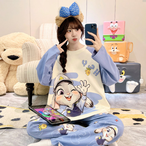 睡衣女士春秋款长袖纯棉可爱圆领家居服秋季女款甜美全棉卡通套装