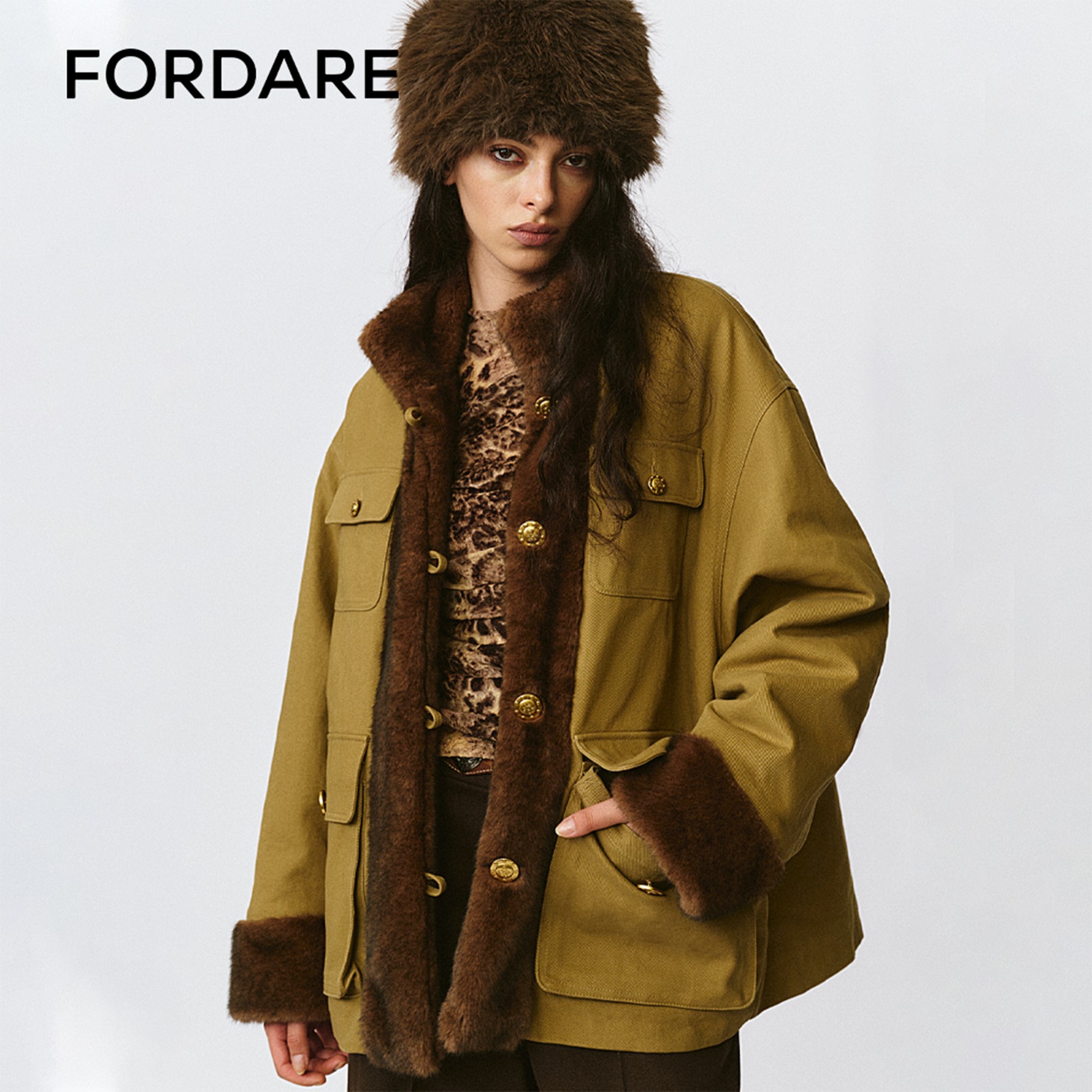 【现货】FORDARE/福蝶25秋冬正反两穿环保皮草工装外套