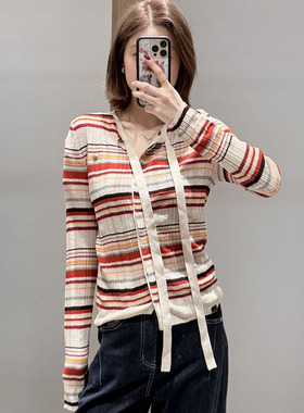 【现货】AVVENN【小彩莓】撞色条纹肌理感双层门襟开衫时髦百搭