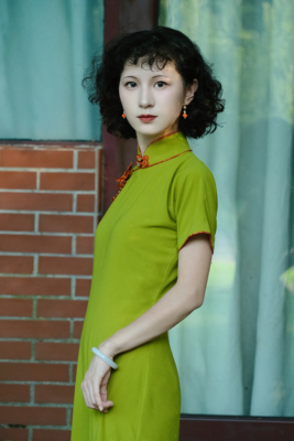 婠如秋原创秋香绿真丝线香绲全开襟一片式无省修身古法 旗袍