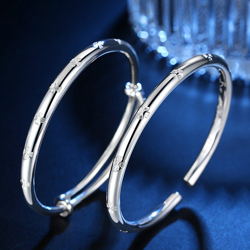 万足9999纯银手镯四叶草女实心银饰手环推拉开口银镯子送女友礼物