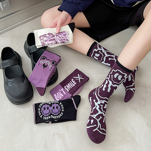 日系韩版ins潮袜百搭紫色学生棉袜秋冬袜子运动中筒卡通小熊个性