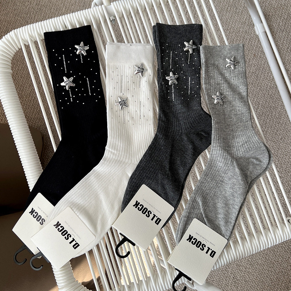 春款流星水钻烫钻星星重工高品质棉袜女款潮袜装饰袜轻奢欧货白色