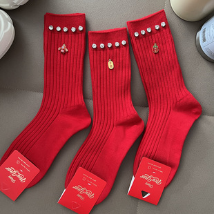 饰品装饰女袜新年本命年红袜子水钻金属元宝发财中筒袜潮重工