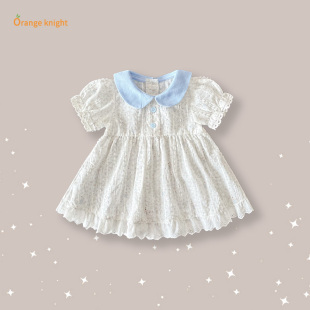 韩版女童连衣裙夏季新款蕾丝边翻领女宝婴幼儿爬服连身衣外出衣服