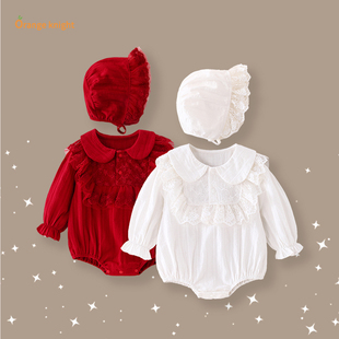 小月龄女宝宝冬春季衣服婴儿洋气长袖宫廷风公主满月礼服包屁哈衣