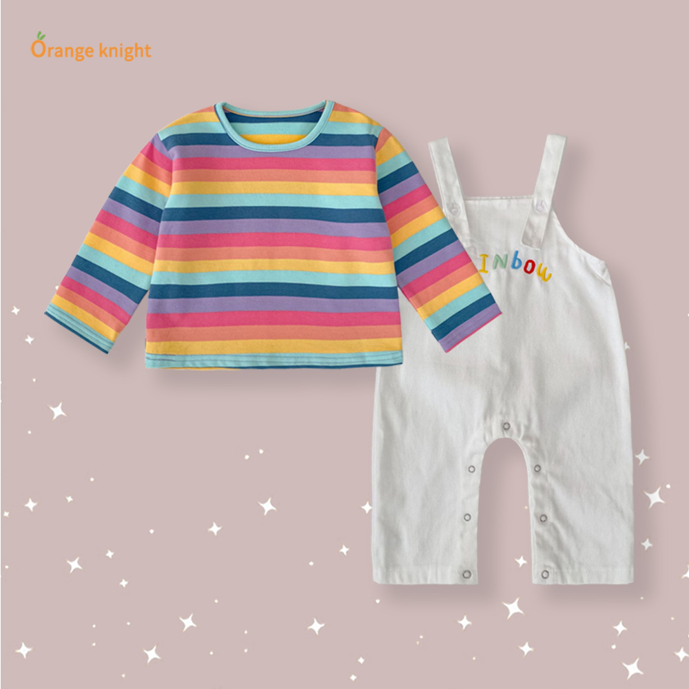 宝宝秋季款套装时尚洋气可爱卡通条纹上衣搭白色背带裤两件套套装