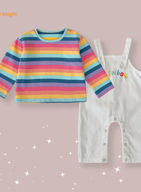 宝宝秋季款套装时尚洋气可爱卡通条纹上衣搭白色背带裤两件套套装