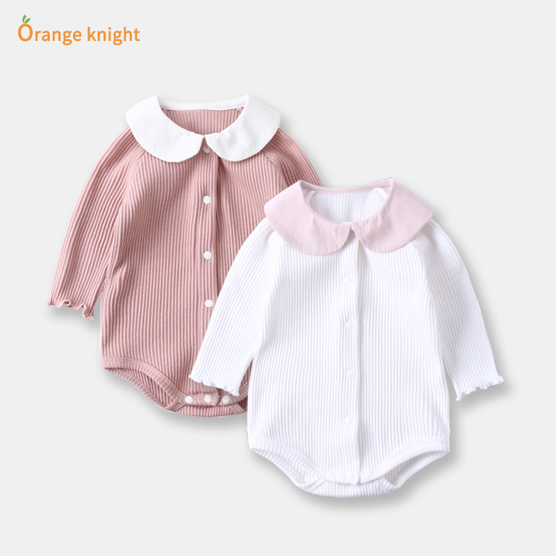 婴儿纯棉连体衣春装娃娃领坑条