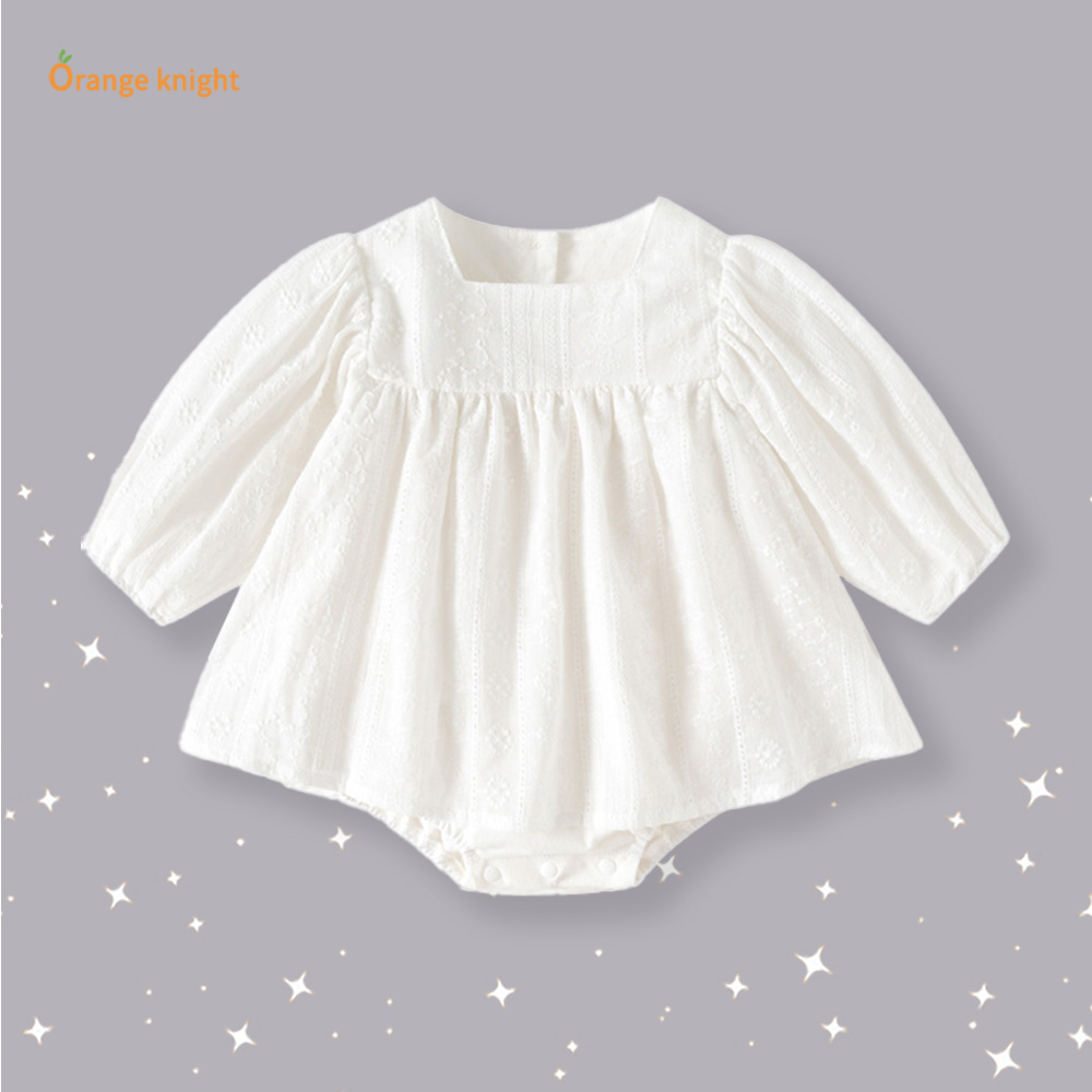 0 - 3岁宝宝秋装纯白色小公主镂空碎花设计方领泡泡长袖百褶衣裙