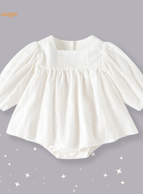 0 - 3岁宝宝秋装纯白色小公主镂空碎花设计方领泡泡长袖百褶衣裙