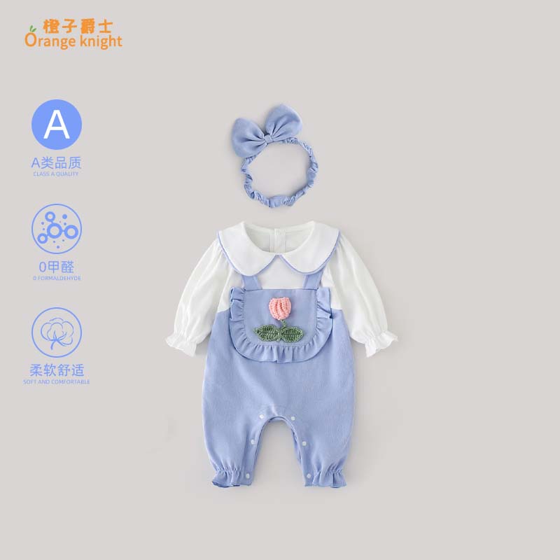 小月龄女宝宝春秋季衣服甜美娃娃领哈衣木耳花边长袖连体衣爬服