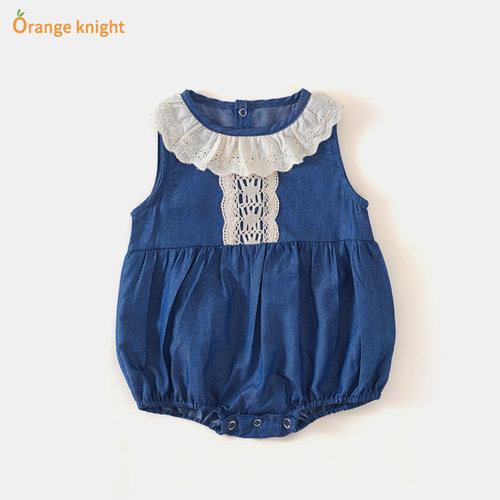 婴儿牛仔连体衣夏爬服蕾丝开裆