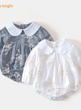 女宝宝春装初生婴儿三角包屁衣可爱娃娃领公主满月百天白色连体衣