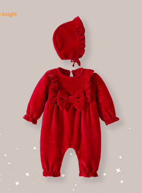 婴儿衣服冬装小月龄连体衣加绒款宝宝爬服喜庆红色哈衣公主外出服