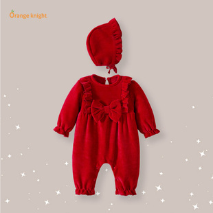 婴儿衣服冬装小月龄连体衣加绒款宝宝爬服喜庆红色哈衣公主外出服