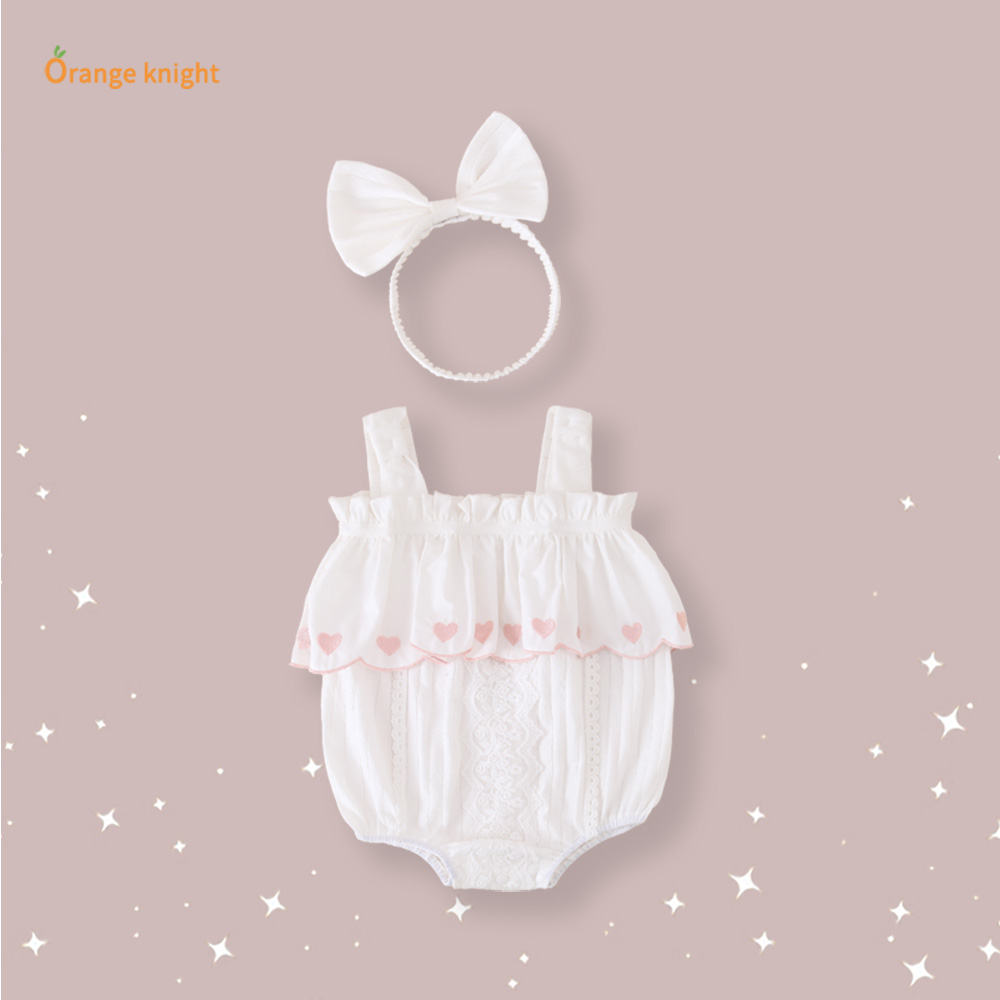 小月龄女婴儿夏季装软萌爱心花边裙摆镂空绣花图案露背吊带连体衣