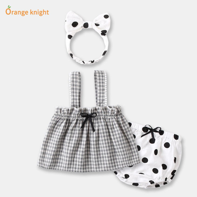 新生婴儿儿衣服套装夏季波点女宝宝格子连衣裙pp裤两件套背带裙