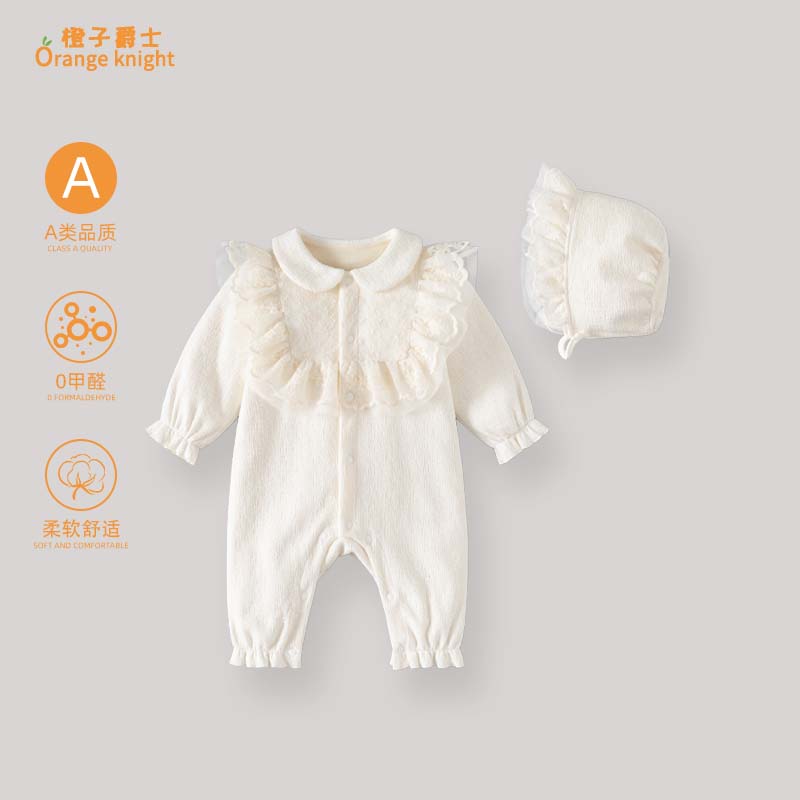 新生婴儿冬季加绒连体衣女宝宝百天公主满月爬服周岁礼服洋气哈衣