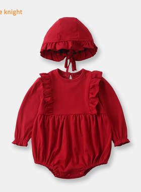 女宝宝公主百日宴连体衣3-6个月9百天红色周岁满月婴儿衣服春秋款