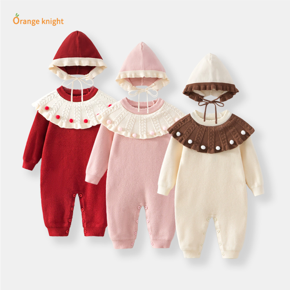 超萌毛球荷叶花边爬服宝宝周岁满月针织连体衣可爱时尚百搭外出服