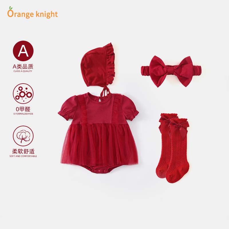 百天宝宝夏季短袖红色礼服裙子