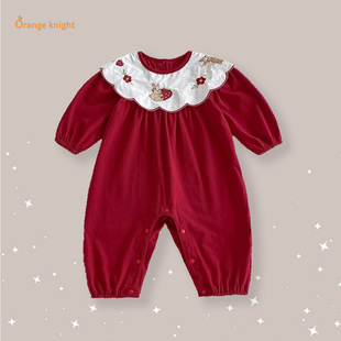 新生婴幼儿宝宝喜庆红色可爱卡通萌兔刺绣荷叶领松紧袖 连体长爬服