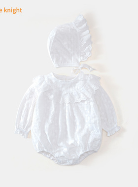 ins婴儿哈衣春装女宝宝韩国满月衣服白色春秋百天连体衣公主爬服