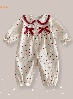 春秋季婴儿爬服洋气红色爱蝴蝶结娃娃领全开扣包屁女宝外出连体衣