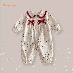 春秋季婴儿爬服洋气红色爱蝴蝶结娃娃领全开扣包屁女宝外出连体衣