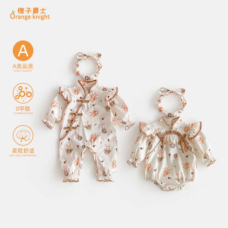 小月龄女宝宝秋季新款衣服国风复古旗袍长袖外出连体衣公主礼服